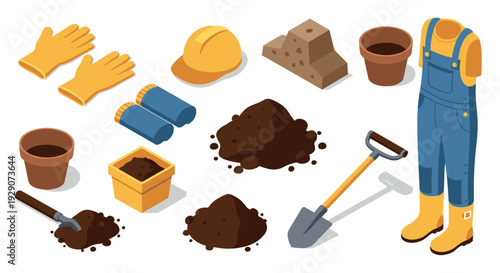 gardening tools and clothing set with gloves hat shovel soil pots and overalls in isometric style