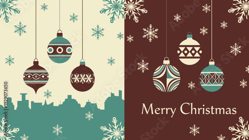 Retro style merry christmas greeting card set with hanging ornaments and a snowy city skyline silhouette background.