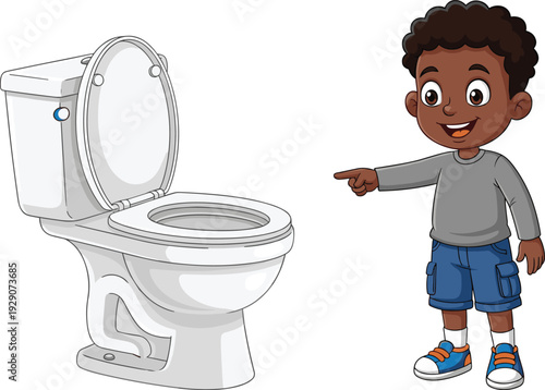 Cute cartoon boy pointing at a white toilet bowl for potty training education and hygiene isolated on a white background