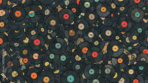 Dense background pattern created from a large collection of overlapping vinyl records in various bright colors.