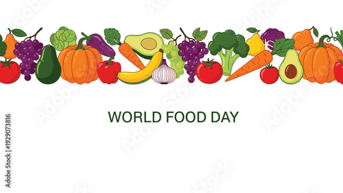 World food day celebration banner featuring a vibrant border of assorted fresh fruits and healthy organic vegetables on white.