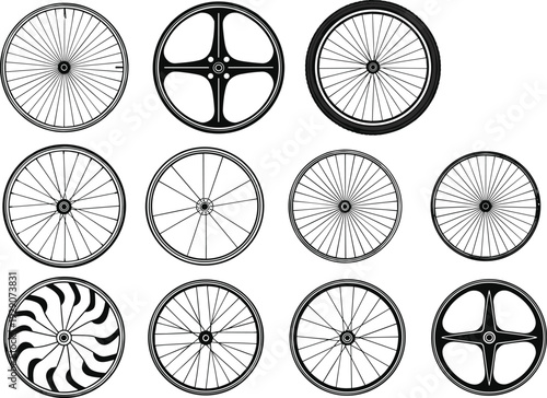 Set of Bicycle Wheel Designs with Spokes and Rims Isolated on White Background Cycling Equipment Vector Collection