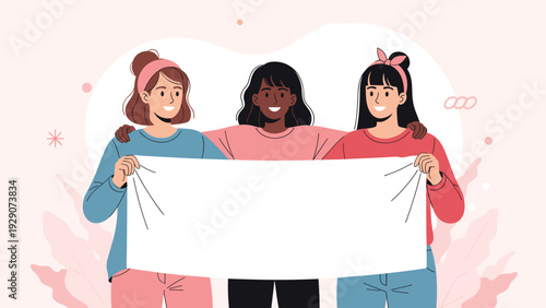 Three diverse women standing side by side and holding a blank white banner for protest or announcement on a pink background.