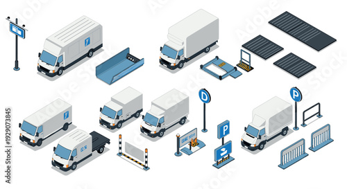 white delivery trucks with loading docks parking signs and barriers isometric set