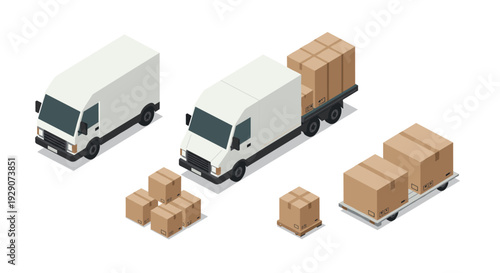 isometric delivery van with cargo boxes and pallet hand drawn logistics collection