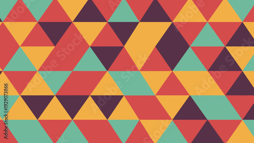 Seamless geometric pattern of colorful triangles in shades of red, yellow, teal, and dark purple for modern design projects.