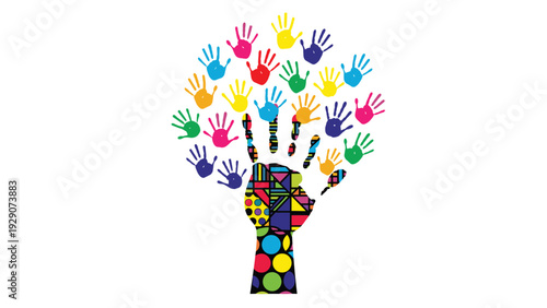 Tree of life illustration made of a central hand trunk and many colorful handprints as leaves on a white background.