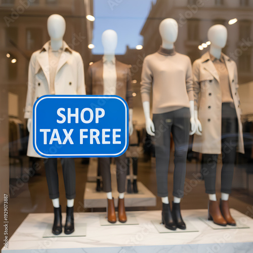 Wallpaper Mural Tax Free Shopping Promotion Sign in Elegant Fashion Boutique Store Window Display Featuring Female Mannequins Wearing Beige Trench Coats, Sweaters, and Stylish Outfits Torontodigital.ca