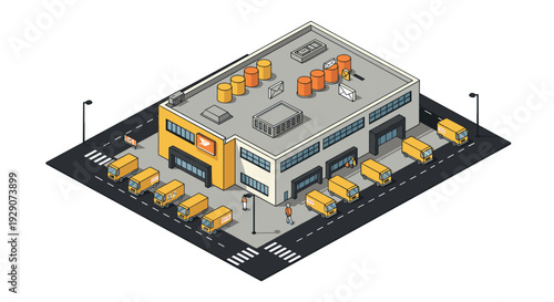 isometric delivery warehouse with yellow trucks loading and unloading goods hand drawn illustration