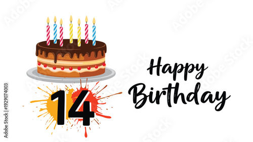 Celebration of a fourteenth birthday featuring a decorated tiered chocolate cake with many lit candles and a festive splash.