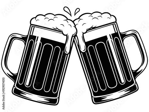 Two Beer Mugs Toasting Vector Illustration | Black and White Silhouette for Pub Party Celebration Cheers Oktoberfest Brewery and Alcohol Drink Graphic Design