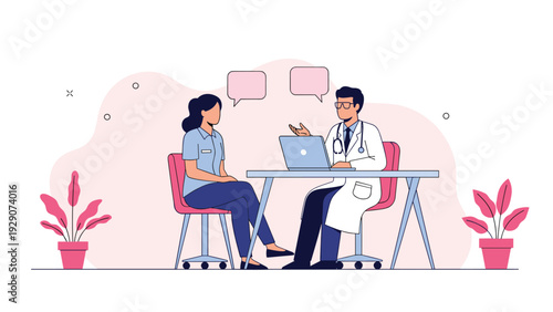 Medical consultation scene with a doctor and a female patient discussing health issues in a modern clinic office setting.