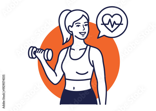 Woman exercising with dumbbell, healthy lifestyle and heart rate icon, fitness motivation