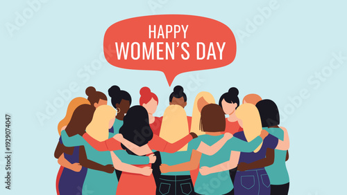 Large group of diverse women standing in a circle and hugging to celebrate sisterhood and unity for international women's day.