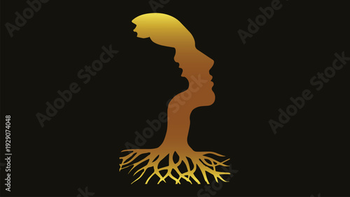 Golden tree art. Human face vector. Family roots icon. Nature spirit logo. Life cycle graphic. Gold silhouette. Ancestral heritage. Organic growth art. Mind nature unity. Psychological icon.