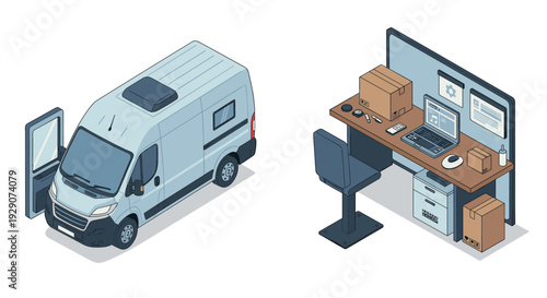 isometric delivery van with open door and home office workspace with laptop boxes and chair set hand drawn