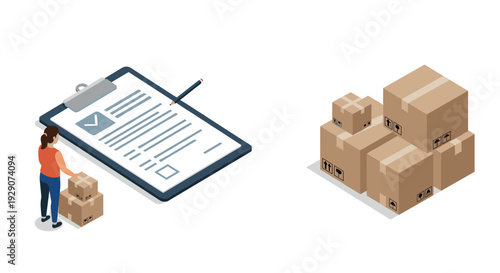 isometric illustration of woman with cardboard boxes and large checklist on clipboard in modern flat style for logistics and inventory management
