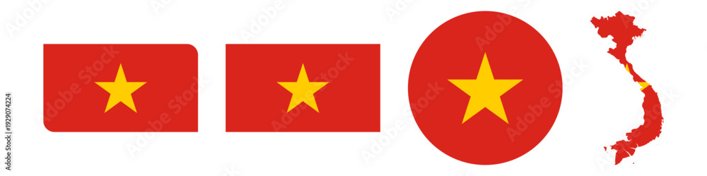 Fototapeta premium vietnam circular flag, vietnam rectangular flag, vietnam map flag flat icon