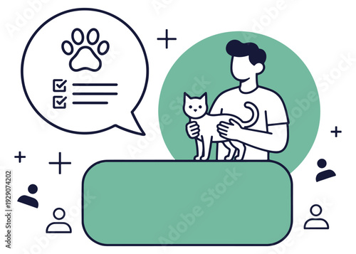Man holding cat pet with checklist in speech bubble veterinary care concept