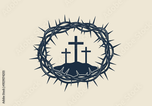 Three crosses on a hill with a crown of thorns on a beige background