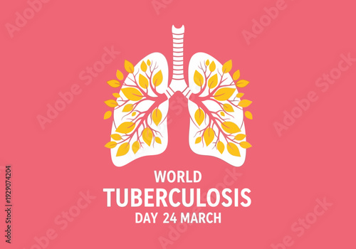 World tuberculosis day poster with lungs and leaves on pink background