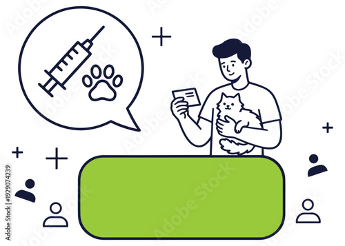 Man holding cat with syringe and paw print vaccination symbol
