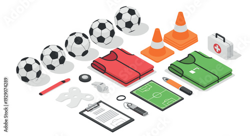 soccer training equipment set with balls jerseys cones and first aid kit in isometric style for sports