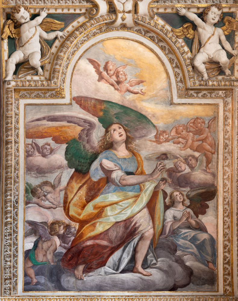 Obraz premium NOVARA, ITALY - JANUARY 16, 2026: The symbolic fresco of angels with the heart in the church Basilica di San Gaudenzio by Pier Francesco Mazzucchelli (1573 – 1626).