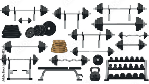 set of hand drawn gym weightlifting equipment with barbells dumbbells kettlebell bench and weight plates