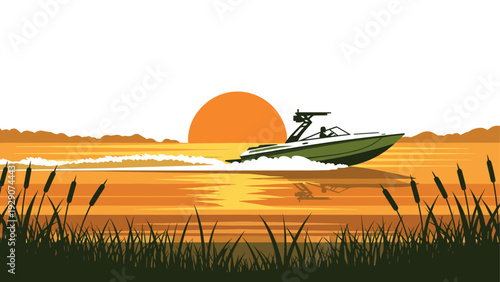 speedboat on lake at sunset hand drawn vector illustration with reeds silhouette and orange sky