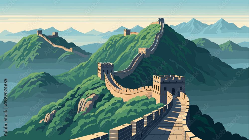 Obraz premium great wall of china with mountains landscape scenic vector illustration