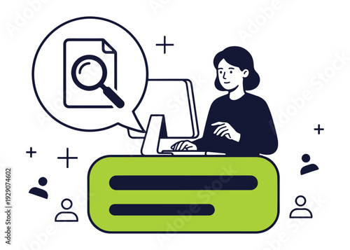 Woman searching document on computer, digital information processing, data analysis concept