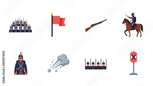 set of hand drawn historic soldiers weapons flags and military signs in flat style