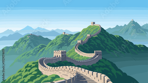 great wall of china winding through green mountains in flat vector style scenic landscape