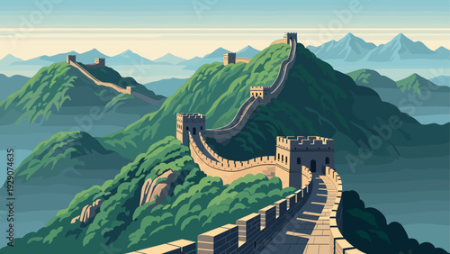 great wall of china with mountains landscape scenic vector illustration