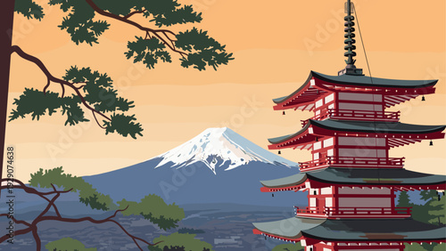 traditional japanese pagoda with mount fuji background hand drawn vector illustration