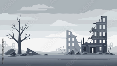 ruined building with broken windows and barren tree in a destroyed cityscape flat illustration