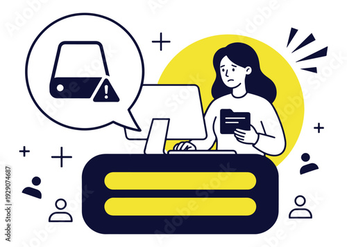 Worried woman with hard drive error, data loss, digital problem, computer issue