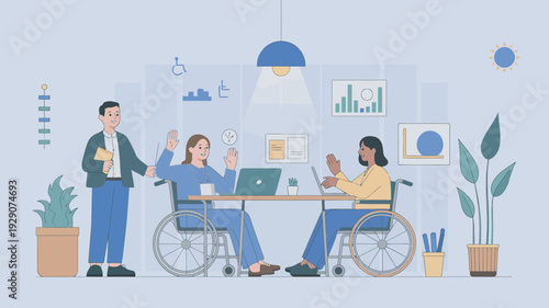 Diverse colleagues with disabilities collaborating in an inclusive office environment with laptops and plants