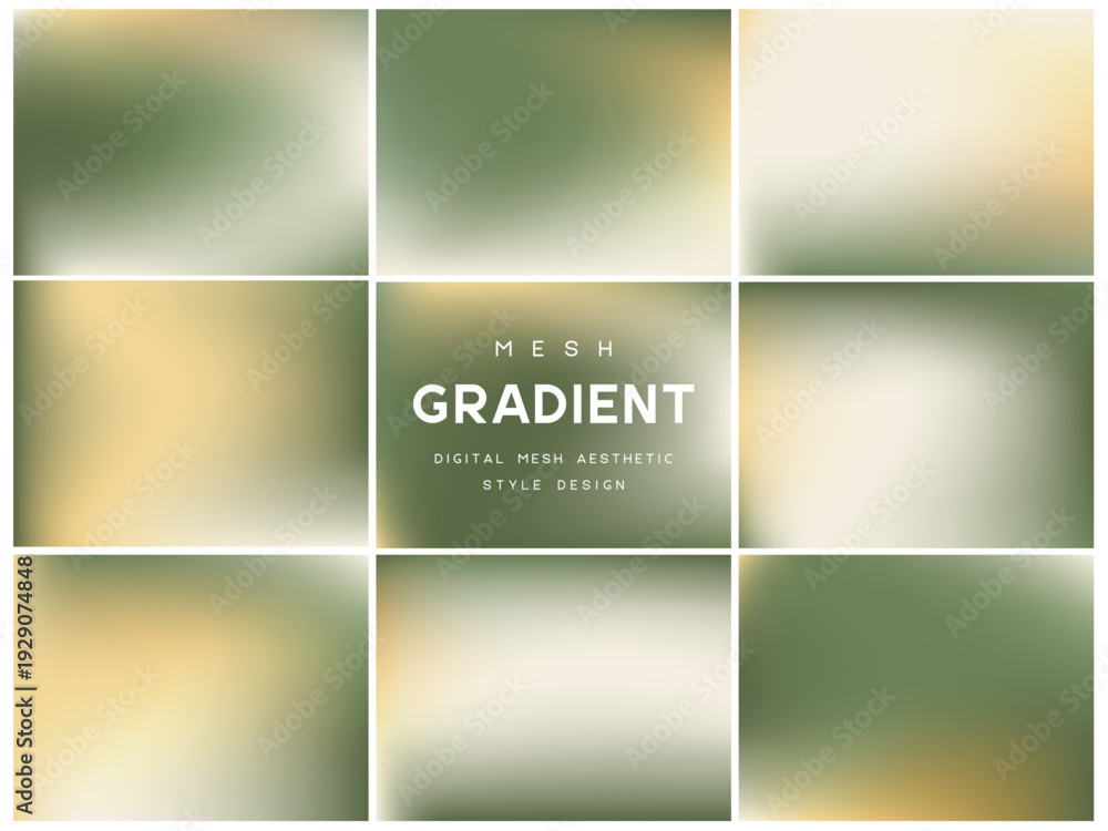Fototapeta premium Collection of muted olive and sand mesh gradients. Abstract organic backgrounds for eco, botanical and minimal nature designs. Soft blurred textures for web and print, vector illustration.
