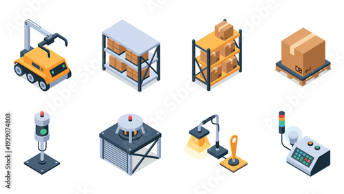 isometric industrial warehouse equipment and automation icons set with robotic arm shelves boxes control panel and signal light in flat style
