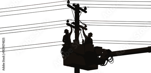 Silhouette of electrical workers repairing power lines on utility pole, energy maintenance vector illustration isolated on white background