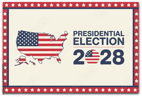 USA election 2028 vector, patriotic political illustration featuring American flag ballot box voting symbols and national colors for election campaign and civic design.