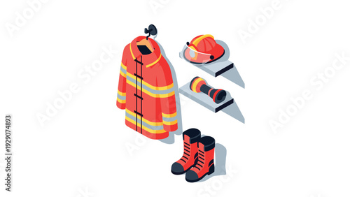 firefighter safety equipment set including jacket boots helmet and flashlight in isometric style