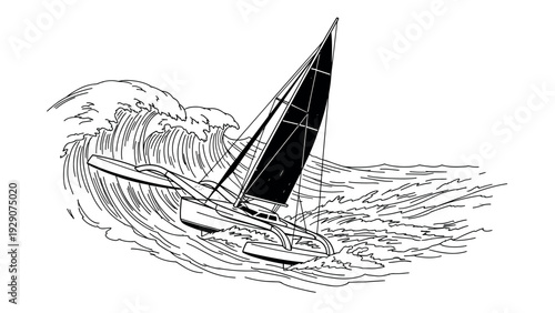 trimaran sailboat riding large ocean waves hand drawn outline illustration
