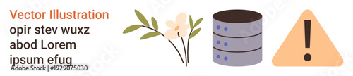 Data protection, database management, cybersecurity, risk warning, technological safety, IT solutions. Visual a database icon, warning symbol and a floral design. Data protection and risk warning