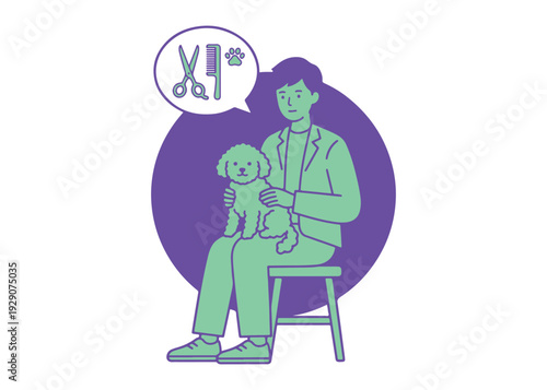 Groomer holding a cute poodle in purple and green tones with grooming icons