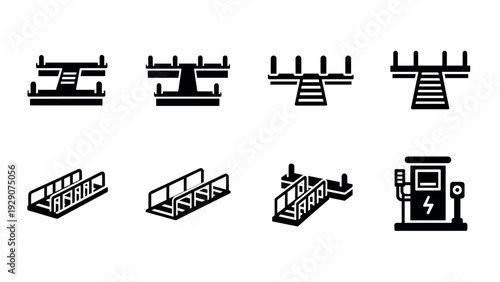 set of electric vehicle charging station and platform icons in black silhouette style