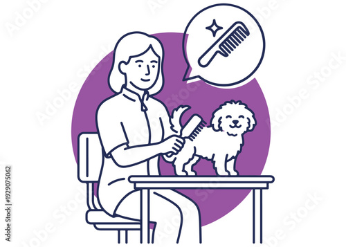 Woman combing fluffy dog on grooming table with sparkling comb icon