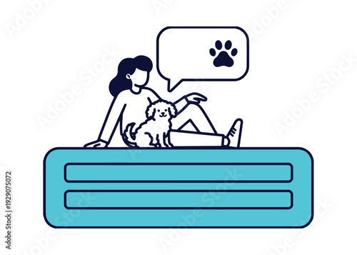 Woman with dog sitting on blue mat with paw print icon
